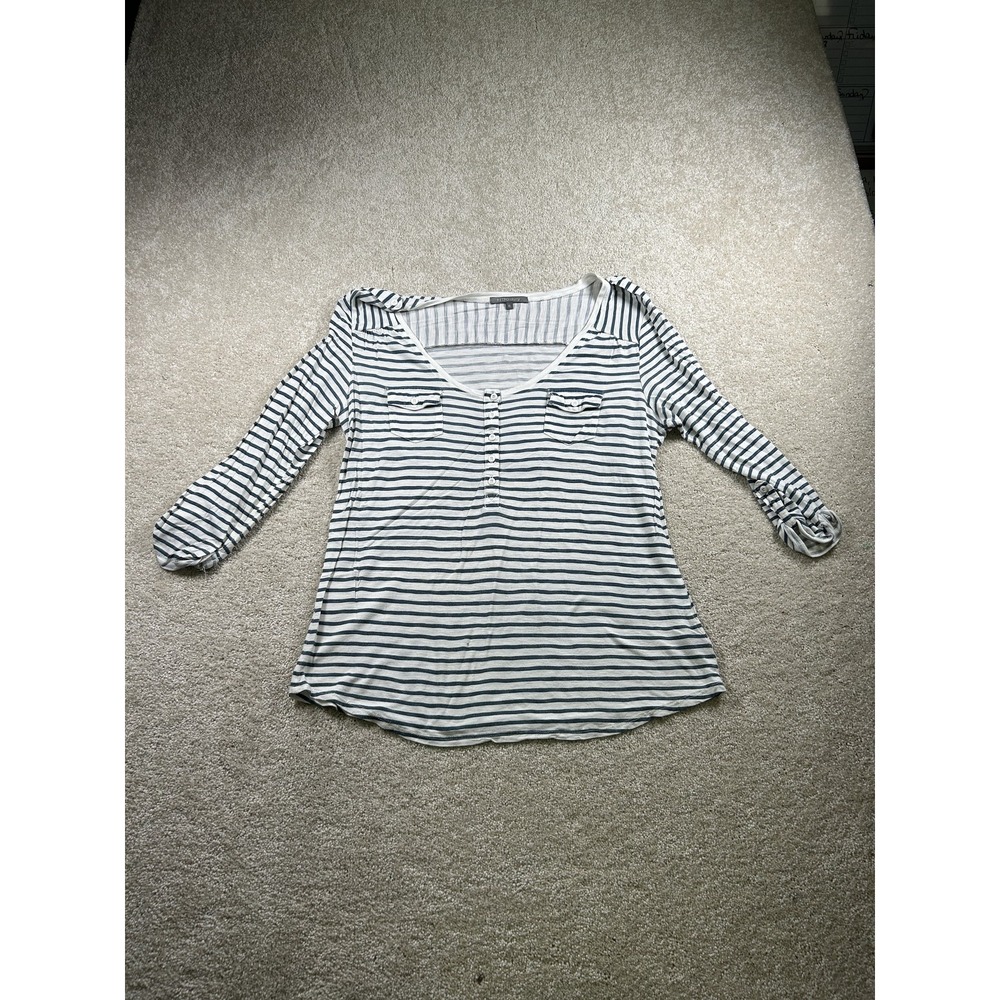 RETRO-ology Shirt Womens XL White Blue Striped Long Sleeve Henley Button Top